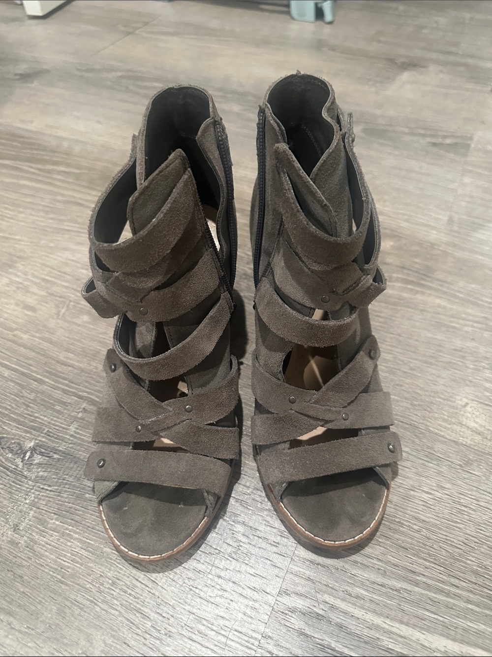 Vince Camuto Strappy Open-Toe Suede Heeled Sandals in Dark Grey